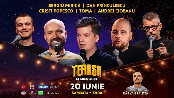 Stand-up cu Cristi Popesco, Toma, Andrei Ciobanu, Frânculescu și Mirică pe Terasa ComicsClub!